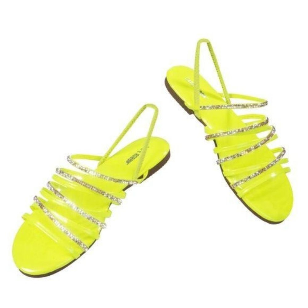 !! NEW !! Embellished Elastic Strappy Slingback Sandals in Neon Yellow - Picture 5 of 6